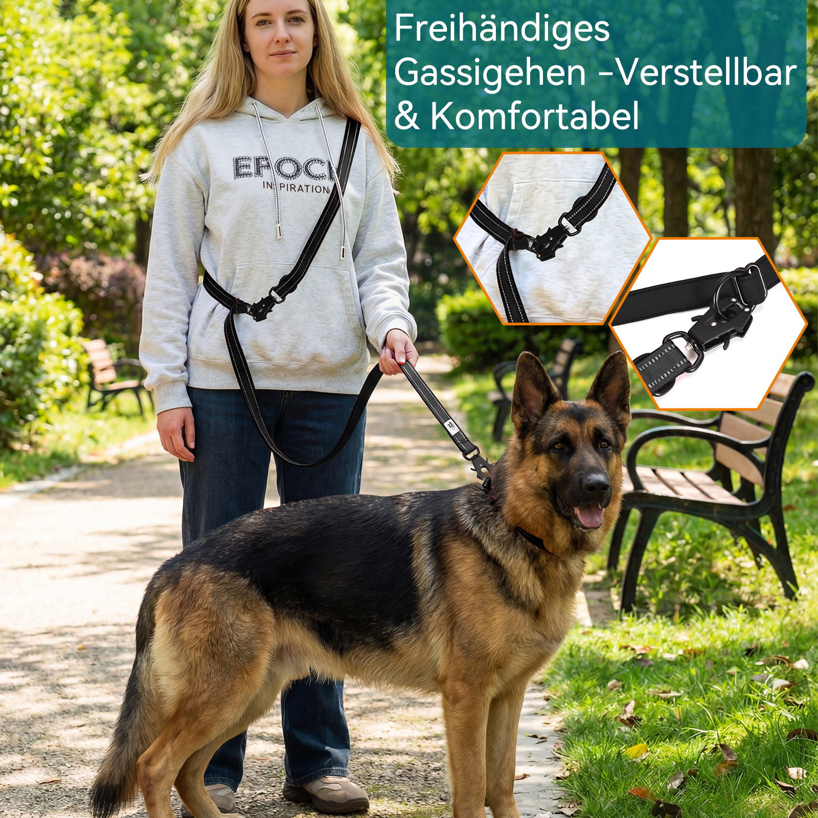LinaPet Hundeleine 3m x 2,5 cm, Reflektierend – Verstellbare Doppelleine – Bild 2