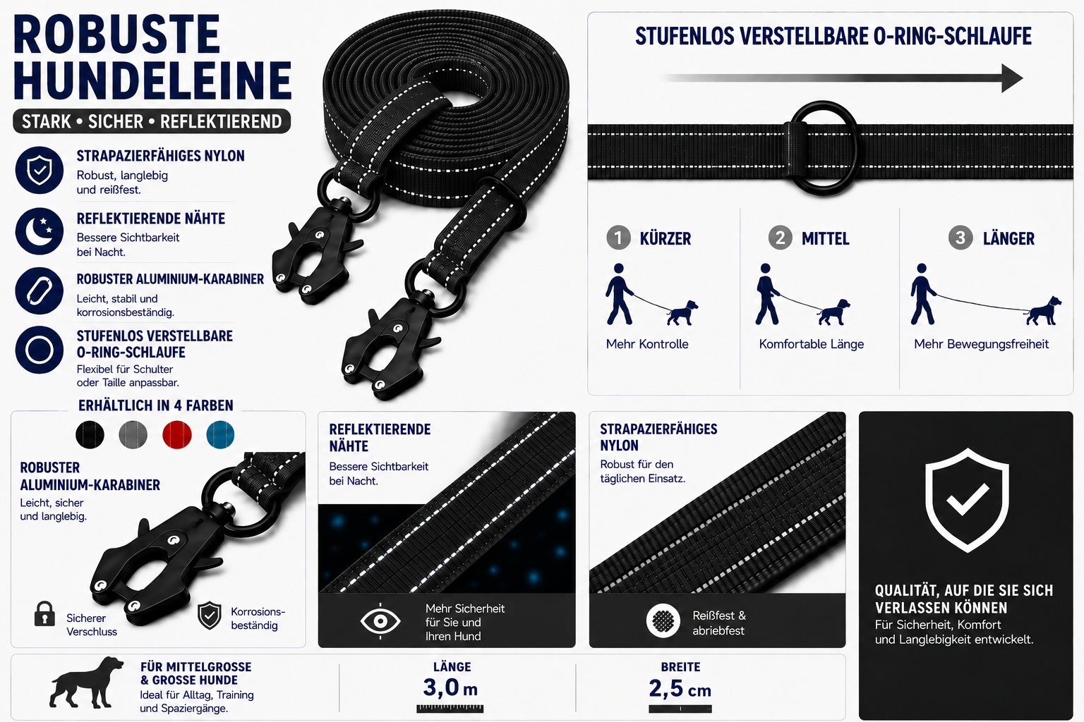 Schwarze reflektierende Hundeleine von Lina Pet