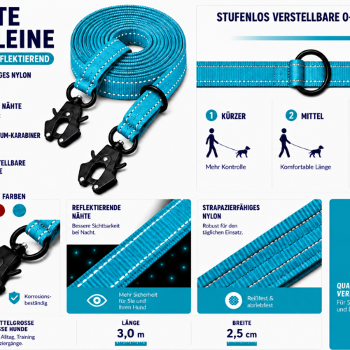 LinaPet Hundeleine 3m x 2,5 cm, Reflektierend – Verstellbare Doppelleine – Bild 11