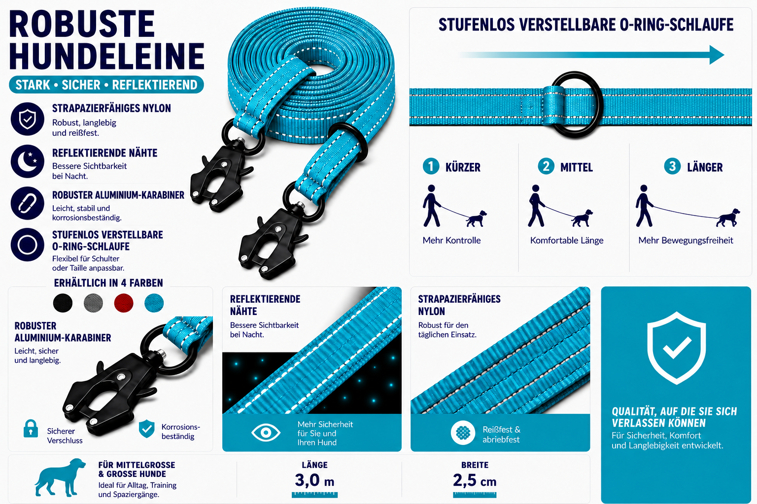 LinaPet Hundeleine 3m x 2,5 cm, Reflektierend – Verstellbare Doppelleine – Bild 11