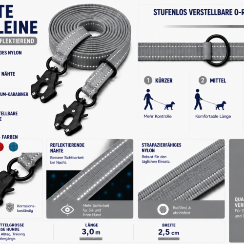 LinaPet Hundeleine 3m x 2,5 cm, Reflektierend – Verstellbare Doppelleine – Bild 12