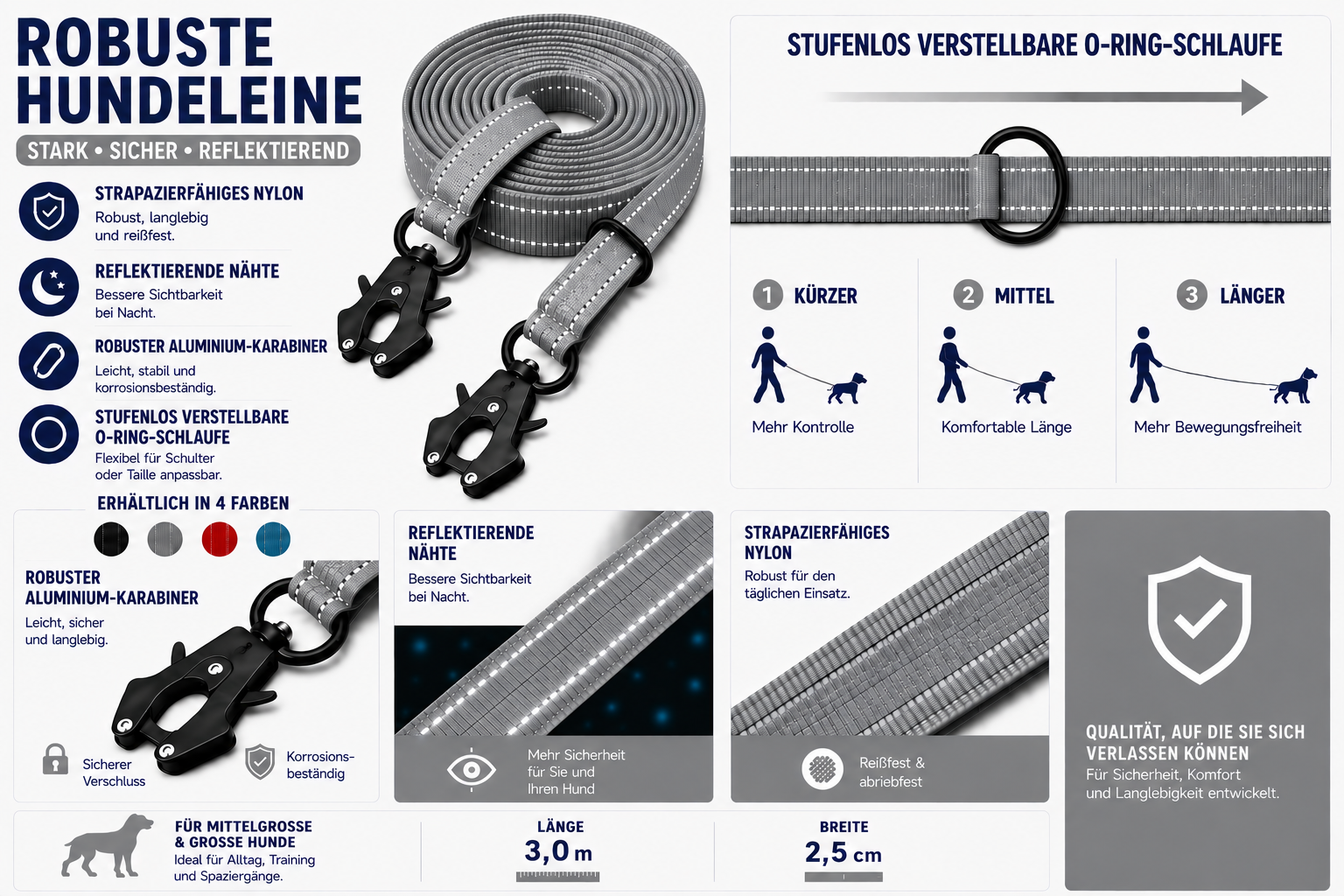 LinaPet Hundeleine 3m x 2,5 cm, Reflektierend – Verstellbare Doppelleine – Bild 12