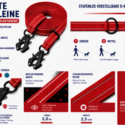 LinaPet Hundeleine 3m x 2,5 cm, Reflektierend – Verstellbare Doppelleine – Bild 14