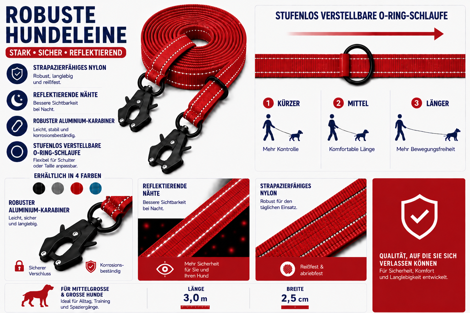 LinaPet Hundeleine 3m x 2,5 cm, Reflektierend – Verstellbare Doppelleine – Bild 14