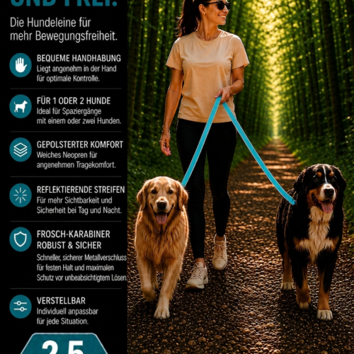 Lina Pet Hundeleine 2,5m , Verstellbare Freihandleine , Reflektierende Doppelleine mit 2 Sicherheits - Froschkarabienern , Neopren gepolstert , Führleine für mittlelgroße und große Hunde – Bild 4
