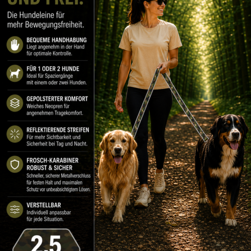 Lina Pet Hundeleine 2,5m , Verstellbare Freihandleine , Reflektierende Doppelleine mit 2 Sicherheits - Froschkarabienern , Neopren gepolstert , Führleine für mittlelgroße und große Hunde – Bild 12