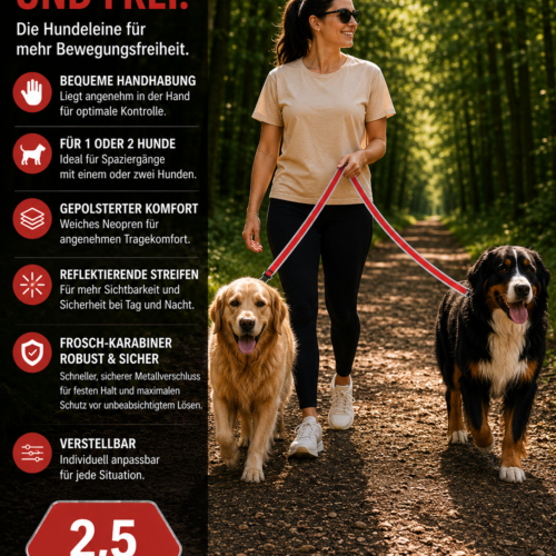 Lina Pet Hundeleine 2,5m , Verstellbare Freihandleine , Reflektierende Doppelleine mit 2 Sicherheits - Froschkarabienern , Neopren gepolstert , Führleine für mittlelgroße und große Hunde – Bild 5