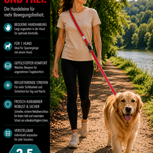 Lina Pet Hundeleine 2,5m , Verstellbare Freihandleine , Reflektierende Doppelleine mit 2 Sicherheits - Froschkarabienern , Neopren gepolstert , Führleine für mittlelgroße und große Hunde – Bild 6