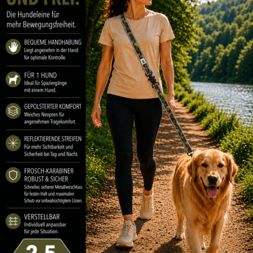Lina Pet Hundeleine 2,5m , Verstellbare Freihandleine , Reflektierende Doppelleine mit 2 Sicherheits - Froschkarabienern , Neopren gepolstert , Führleine für mittlelgroße und große Hunde – Bild 13