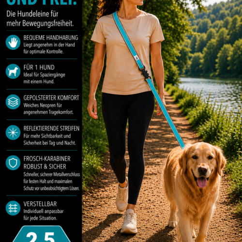 Lina Pet Hundeleine 2,5m , Verstellbare Freihandleine , Reflektierende Doppelleine mit 2 Sicherheits - Froschkarabienern , Neopren gepolstert , Führleine für mittlelgroße und große Hunde – Bild 3